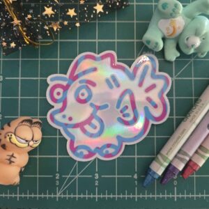 This happy transfeminine fish has cool boobs! 3" x 3" glossy holographic sticker.